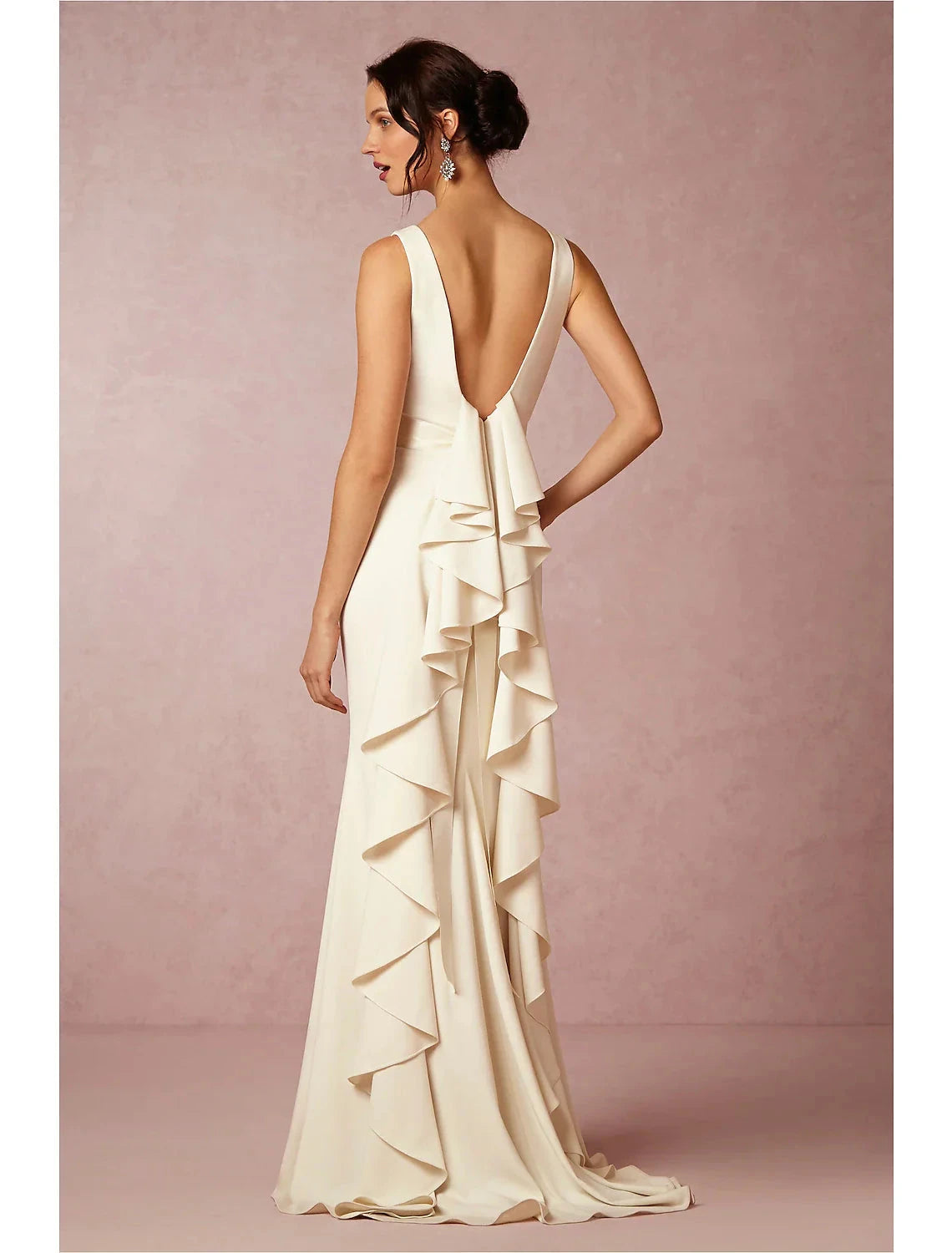 Hall Open Back Casual Wedding Dresses Sheath / Column Scoop Neck Sleeveless Sweep / Brush Train Fabric Bridal Gowns With Draping Summer Fall Wedding Party Women's Clothing by YiHuiw