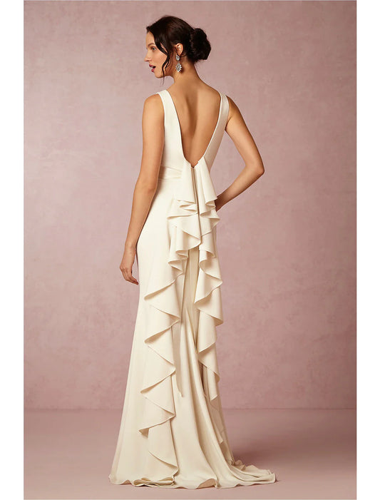 Hall Open Back Casual Wedding Dresses Sheath / Column Scoop Neck Sleeveless Sweep / Brush Train  Fabric Bridal Gowns With Draping Summer Fall Wedding Party   Women's Clothing