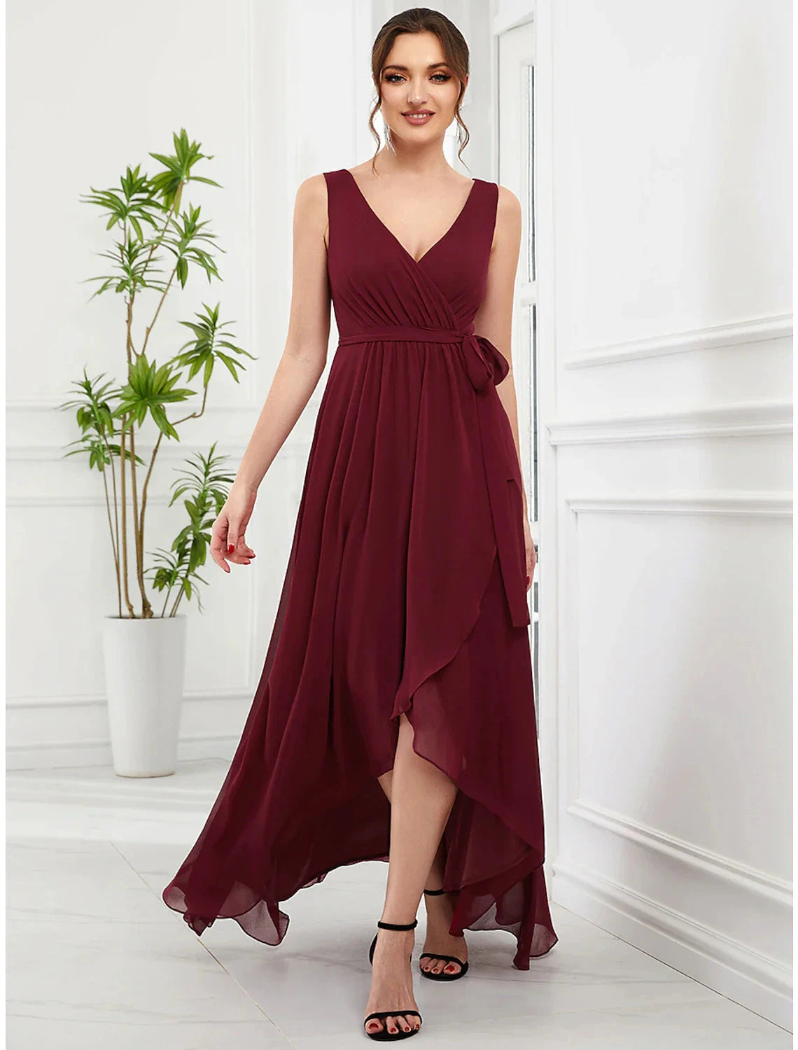 A-Line Wedding Guest Dresses Elegant Dress Party Wear Asymmetrical Sleeveless V Neck Chiffon with Ruffles Strappy by YiHuiw