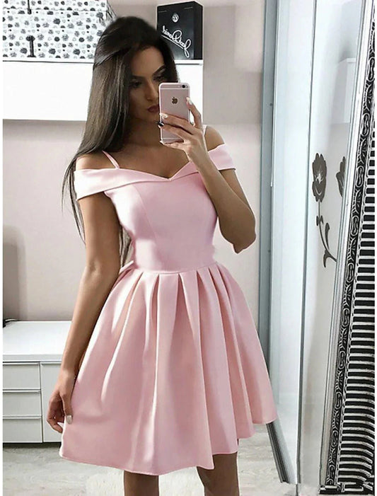 A-Line Cocktail Dresses Minimalist Dress Homecoming Party Wear Knee Length Sleeveless V Neck Pink Dress Fabric with Pleats by YiHuiw