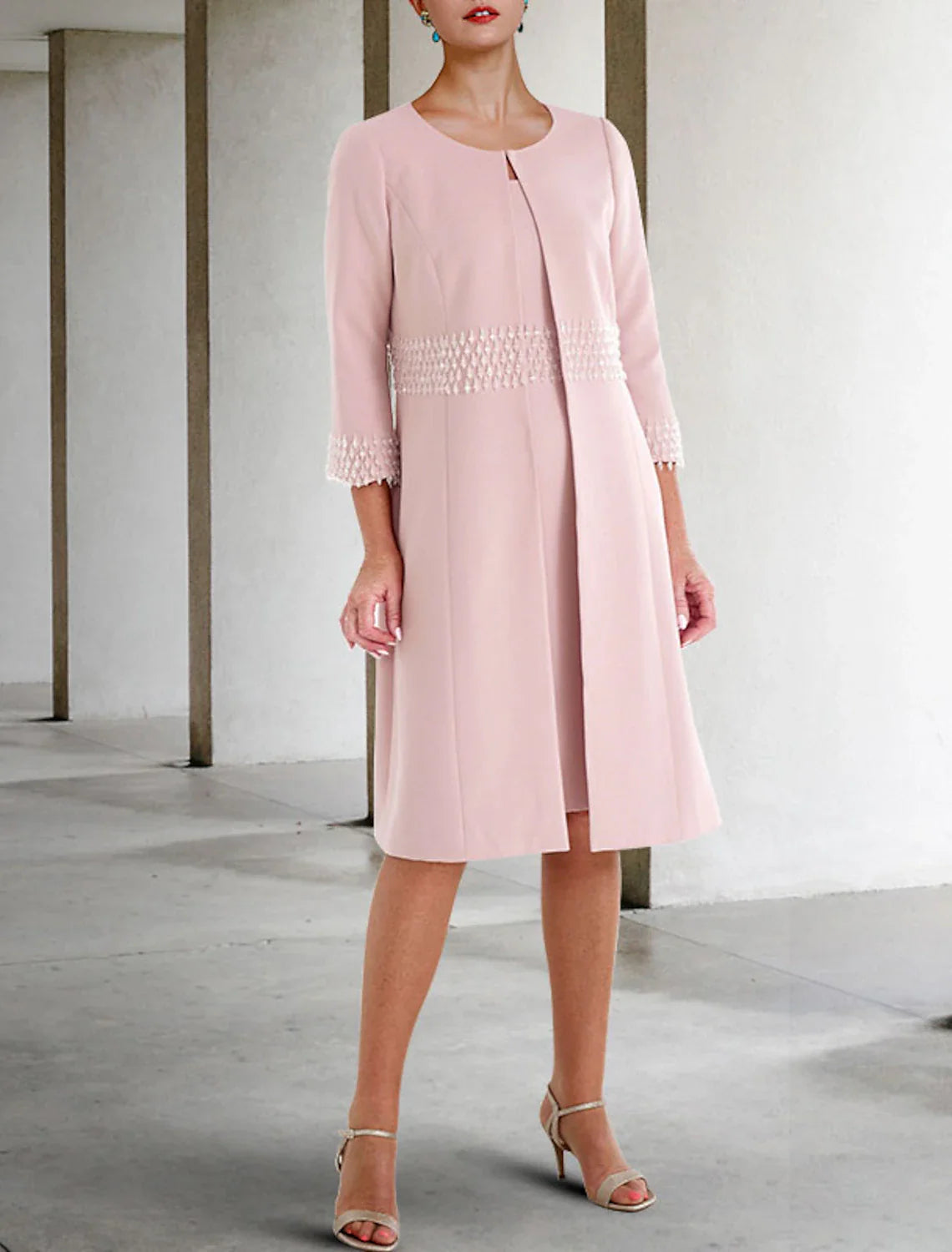 Two Piece Sheath / Column Mother of the Bride Dress Wedding Guest Church Elegant Jewel Neck Knee Length  Fabric Short Sleeve Jacket Dresses with Beading Fall