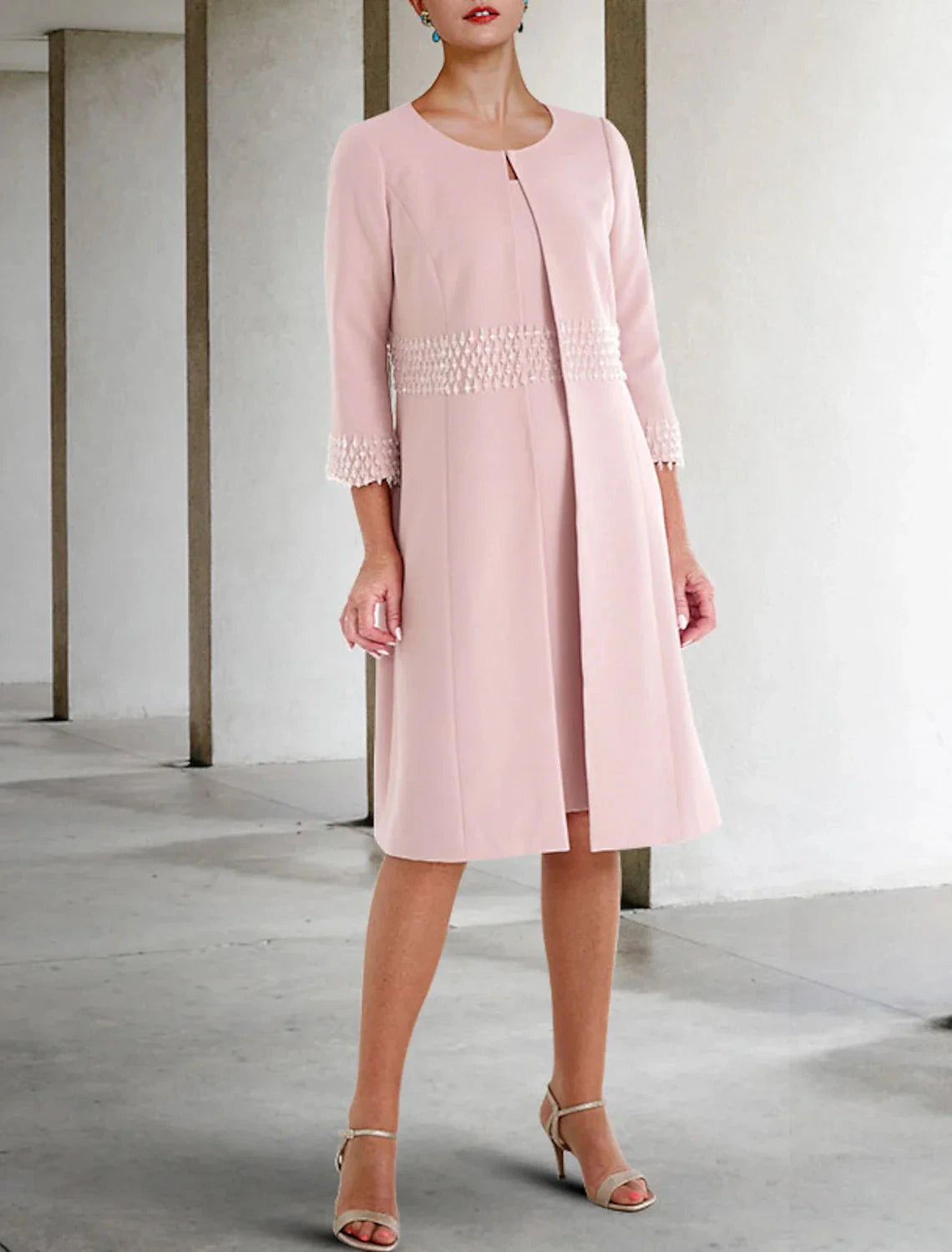 Two Piece Sheath / Column Mother of the Bride Dress Wedding Guest Church Elegant Jewel Neck Knee Length Fabric Short Sleeve Jacket Dresses with Beading Fall by YiHuiw