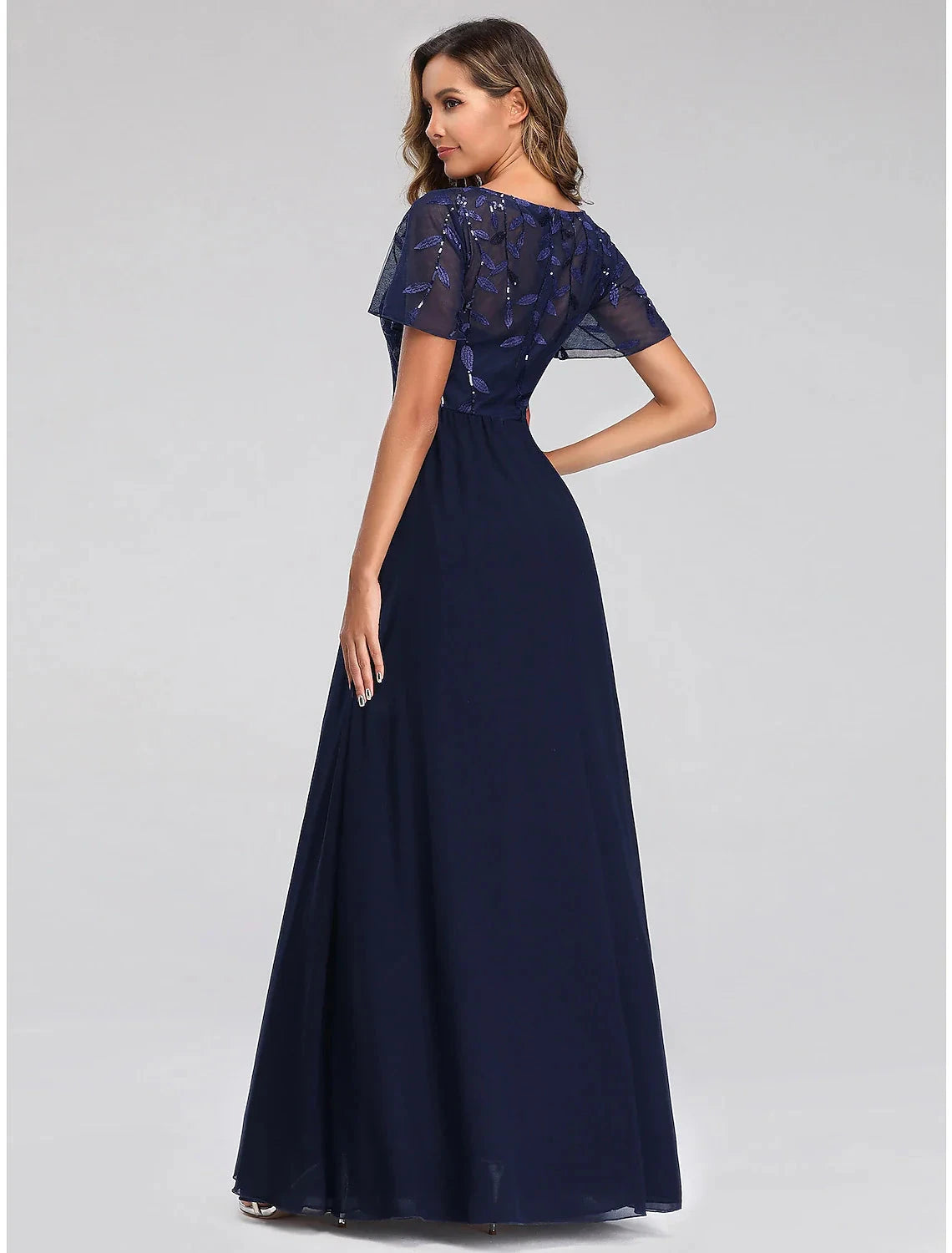 A-Line Wedding Guest Dresses Elegant Dress Fall Floor Length Short Sleeve V Neck Bridesmaid Dress Tulle with Sequin Appliques by YiHuiw
