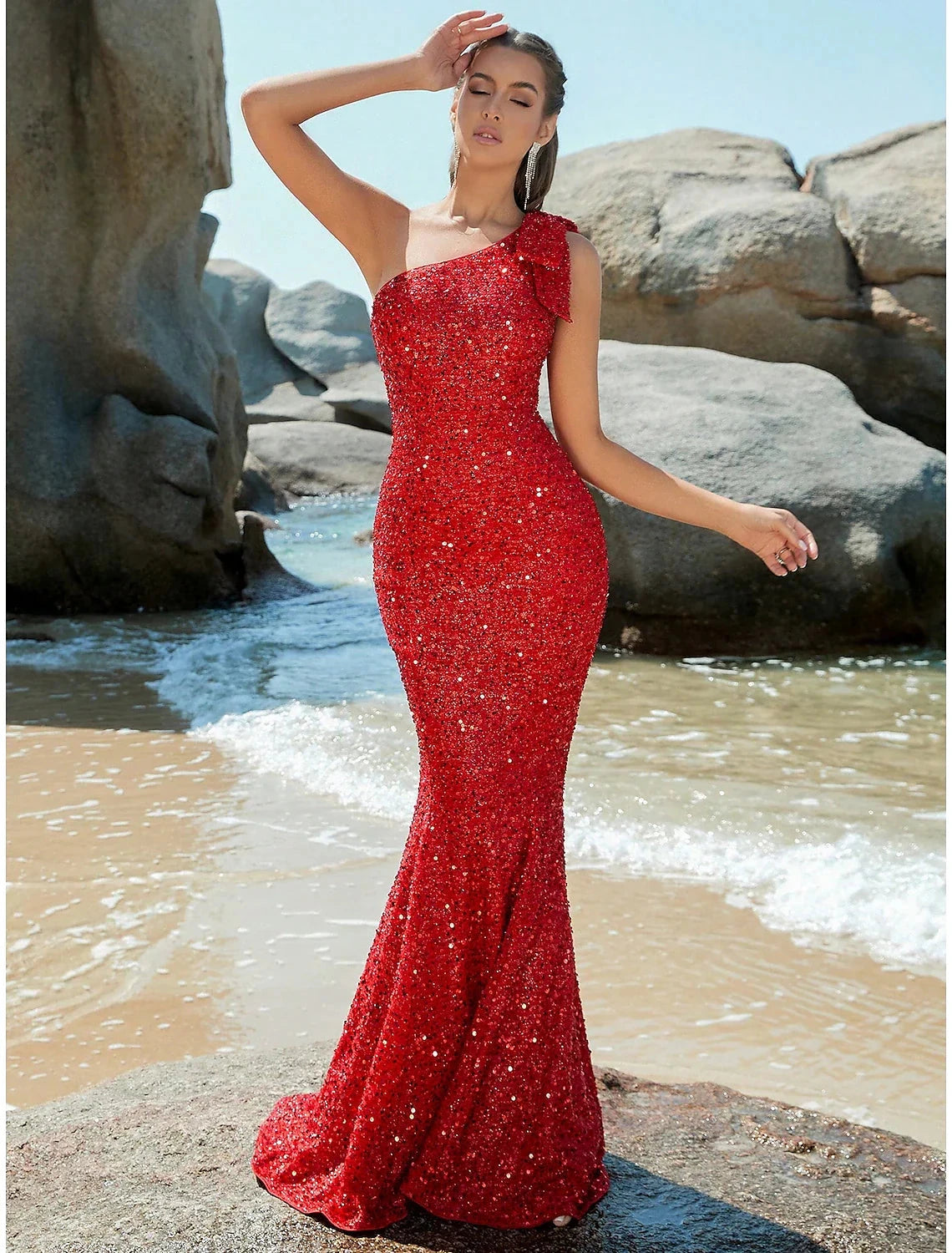 Mermaid / Trumpet Evening Gown Sparkle & Shine Dress Formal Fall Sweep / Brush Train Sleeveless One Shoulder Sequined with Glitter Shouder Flower by YiHuiw