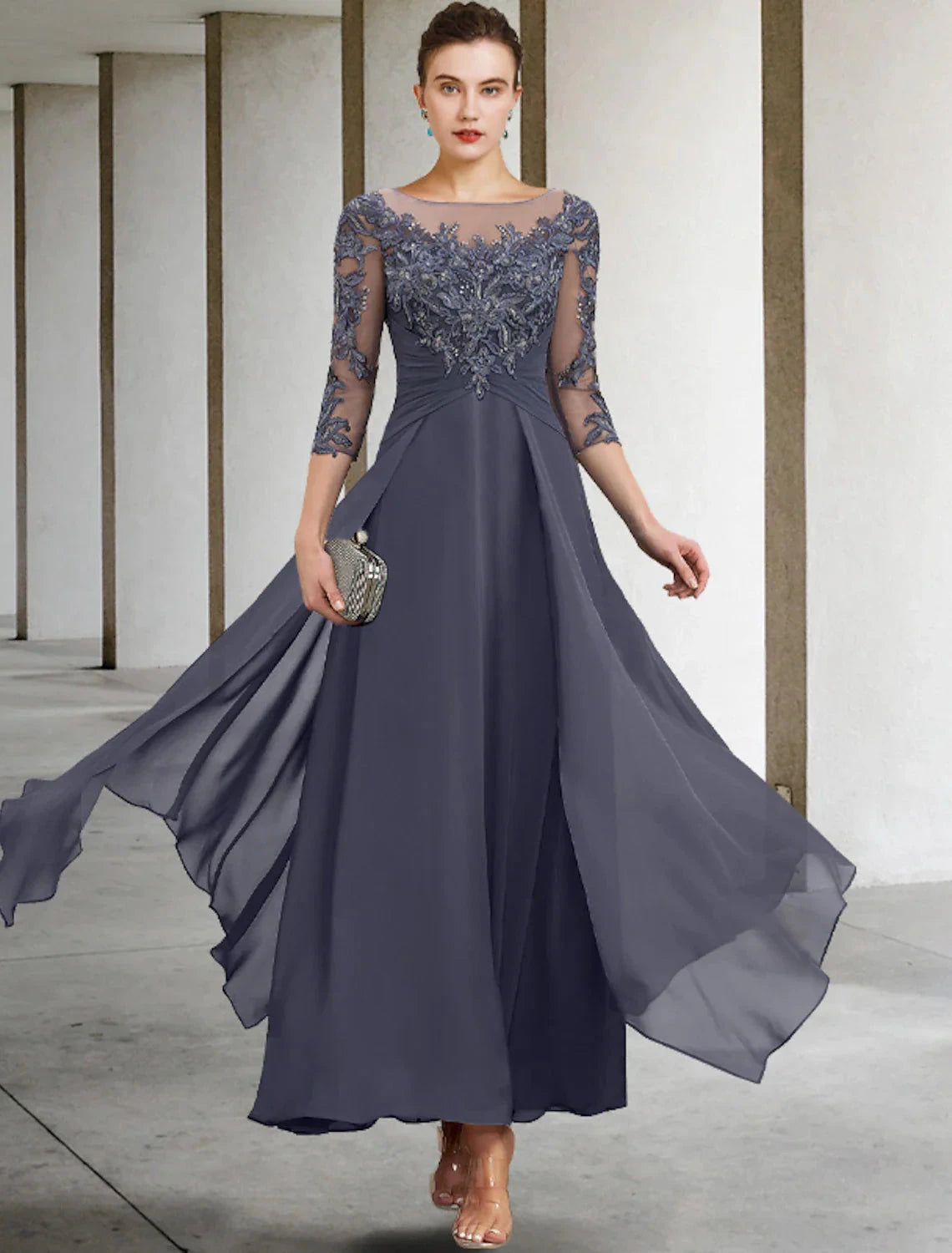 A-Line Mother of the Bride Dress Appliques Fall Wedding Guest Plus Size Elegant Scoop Neck Ankle Length Chiffon Lace Sequin 3/4 Length Sleeve with Ruched by YiHuiw