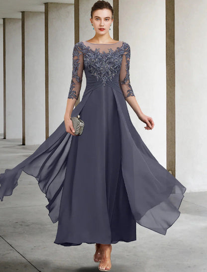 A-Line Mother of the Bride Dress Appliques Fall Wedding Guest Plus Size Elegant Scoop Neck Ankle Length Chiffon Lace Sequin 3/4 Length Sleeve with Ruched by YiHuiw