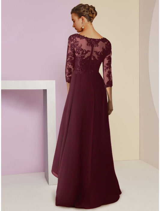 A-Line Mother of the Bride Dress Wedding Guest Vintage Elegant V Neck Asymmetrical Chiffon 3/4 Length Sleeve with Crystal Brooch Ruching by YiHuiw