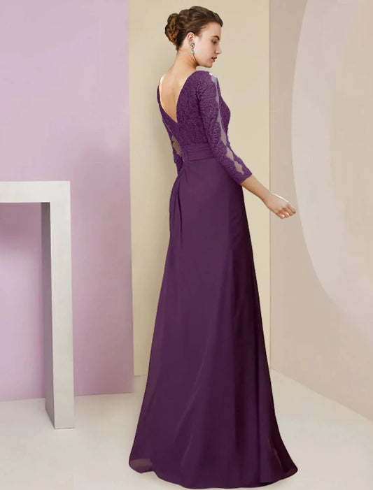 Sheath / Column Mother of the Bride Dress Formal Elegant Scoop Neck Floor Length Chiffon Lace 3/4 Length Sleeve with Appliques Flower by YiHuiw