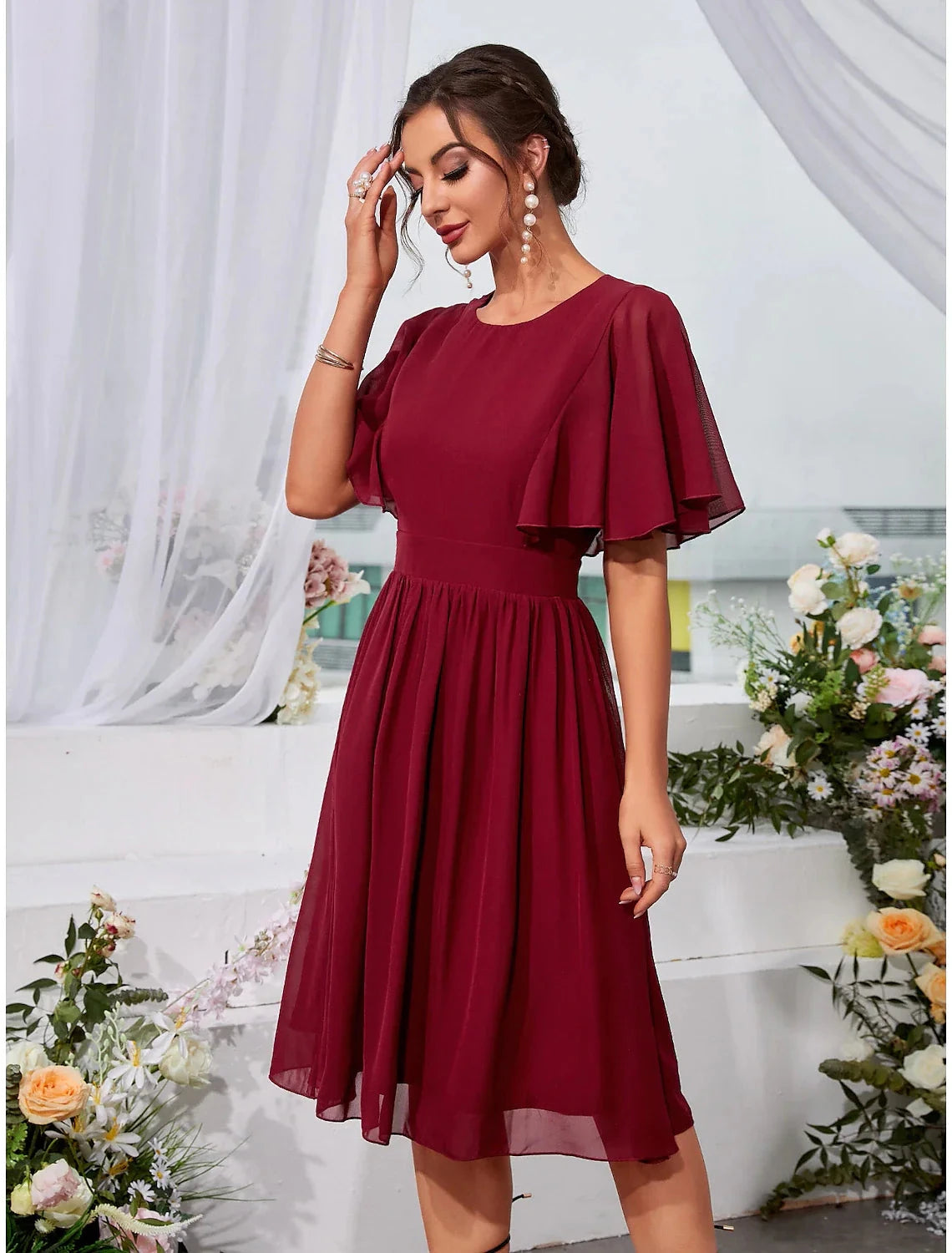 A-Line Wedding Guest Dresses Elegant Dress Holiday Knee Length Short Sleeve Jewel Neck Chiffon with Pleats Ruffles by YiHuiw