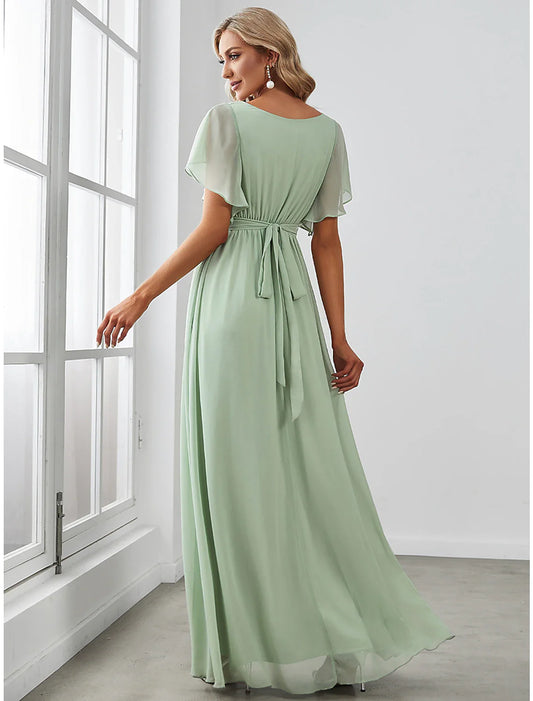 A-Line Bridesmaid Dress V Neck Short Sleeve Elegant  Chiffon with Ruffles / Solid Color
