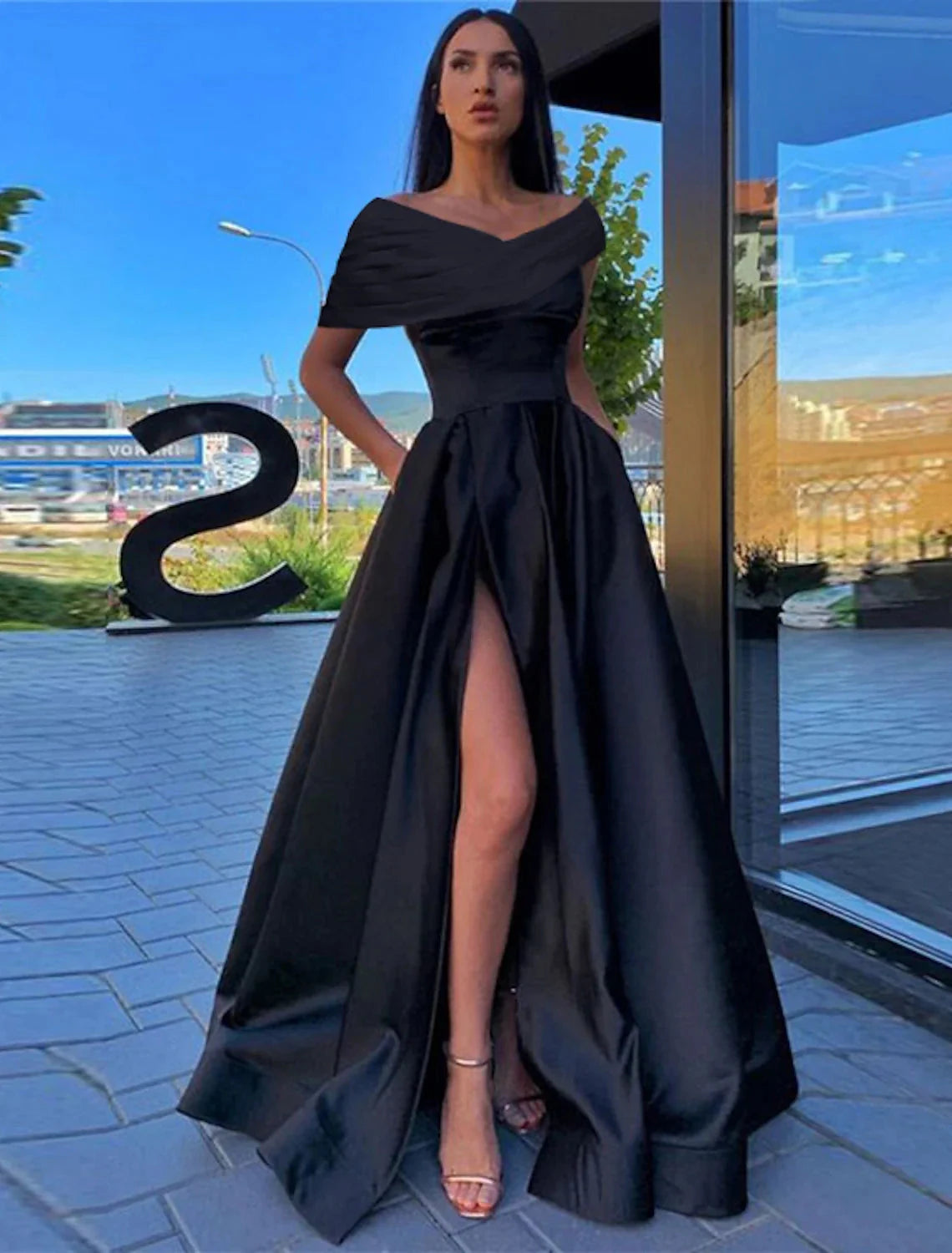 A-Line Prom Dresses Black Dress Formal Wedding Party Floor Length Short Sleeve Off Shoulder Satin with Ruched Slit by YiHuiw