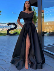 A-Line Prom Dresses Black Dress Formal Wedding Party Floor Length Short Sleeve Off Shoulder Satin with Ruched Slit