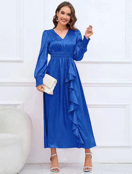 A-Line Party Dresses Elegant Dress Formal Fall Ankle Length Long Sleeve V Neck Satin with Ruffles Print by YiHuiw