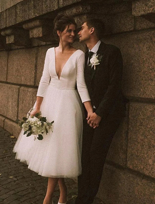 Reception Vintage 1940s / 1950s Little White Dresses Fall Wedding Dresses A-Line V Neck Long Sleeve Tea Length Satin Bridal Gowns With Solid Color Summer Wedding Party, Women‘s Clothing by YiHuiw