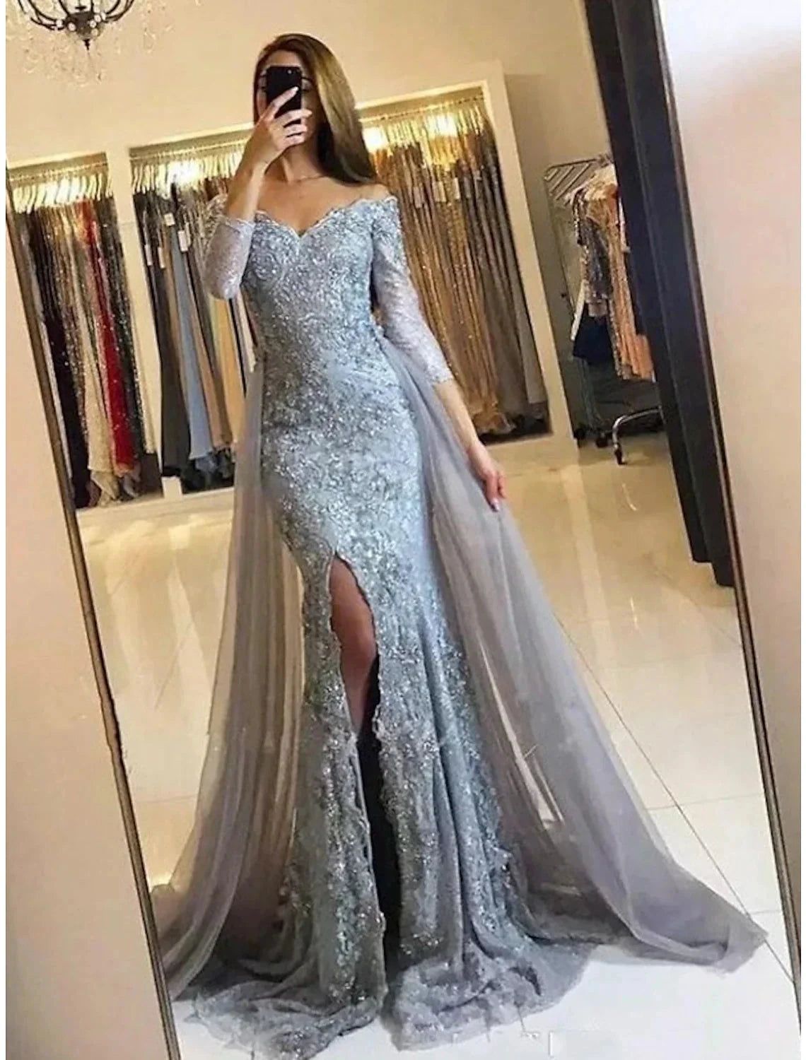 Mermaid / Trumpet Evening Gown Floral Dress Formal Sweep / Brush Train Long Sleeve Off Shoulder Fall Wedding Reception Chiffon with Slit Appliques by YiHuiw