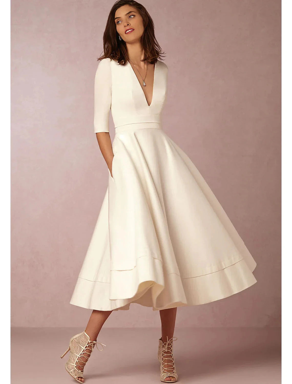 A-Line Special Occasion Dresses Party Dress Holiday Wedding Guest Tea Length Half Sleeve V Neck Pocket Jersey with Pleats White & Ivory ship in 48 hours by YiHuiw