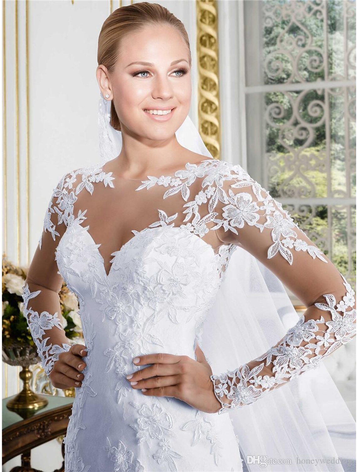 Engagement Formal Fall Wedding Dresses Mermaid / Trumpet Illusion Neck Long Sleeve Court Train Lace Bridal Gowns With Summer Wedding Party Women‘s Clothing by YiHuiw
