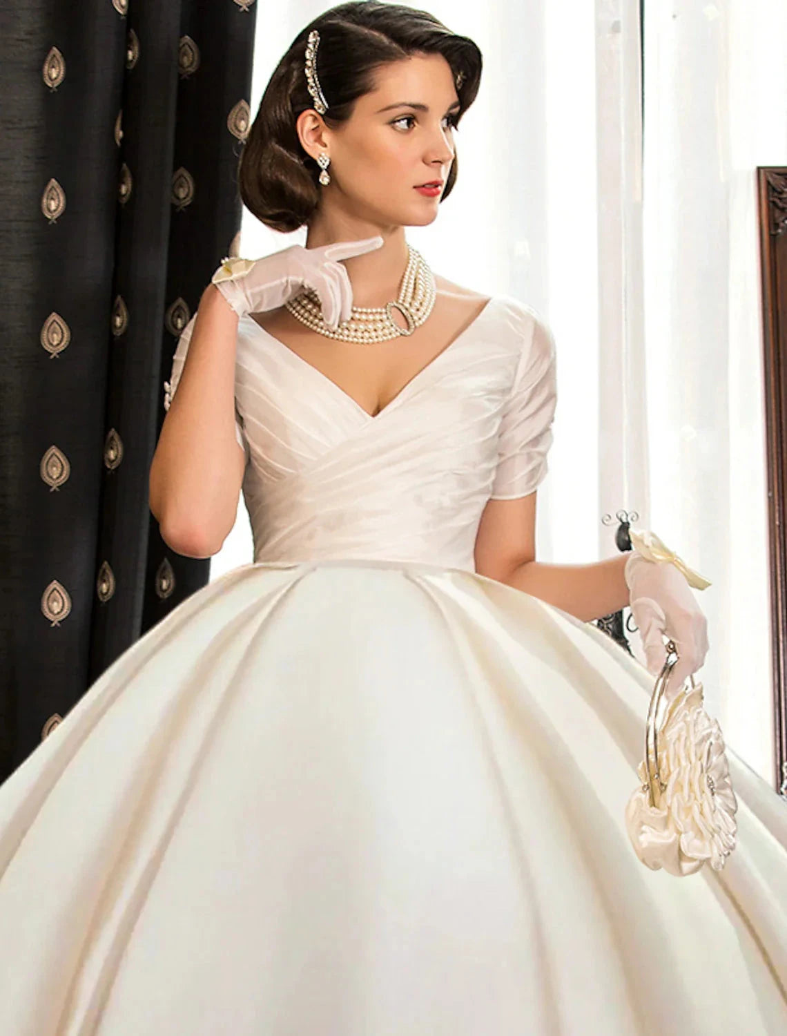 Engagement Formal Fall Wedding Dresses Ball Gown V Neck Short Sleeve Court Train Satin Bridal Gowns With Ruched Solid Color Summer Wedding Party, Women‘s Clothing by YiHuiw