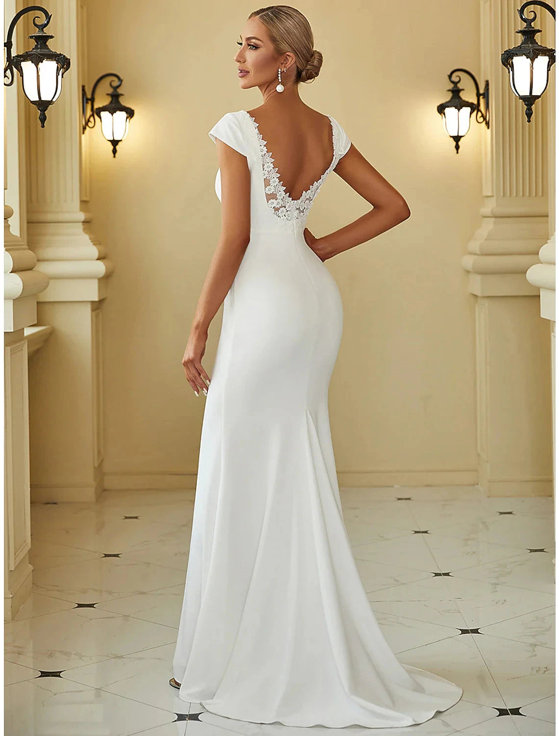 Reception Casual Wedding Dresses Mermaid / Trumpet V Neck Cap Sleeve Sweep / Brush Train Fabric Bridal Gowns With Draping Solid Color Summer Wedding Party Women's Clothing by YiHuiw