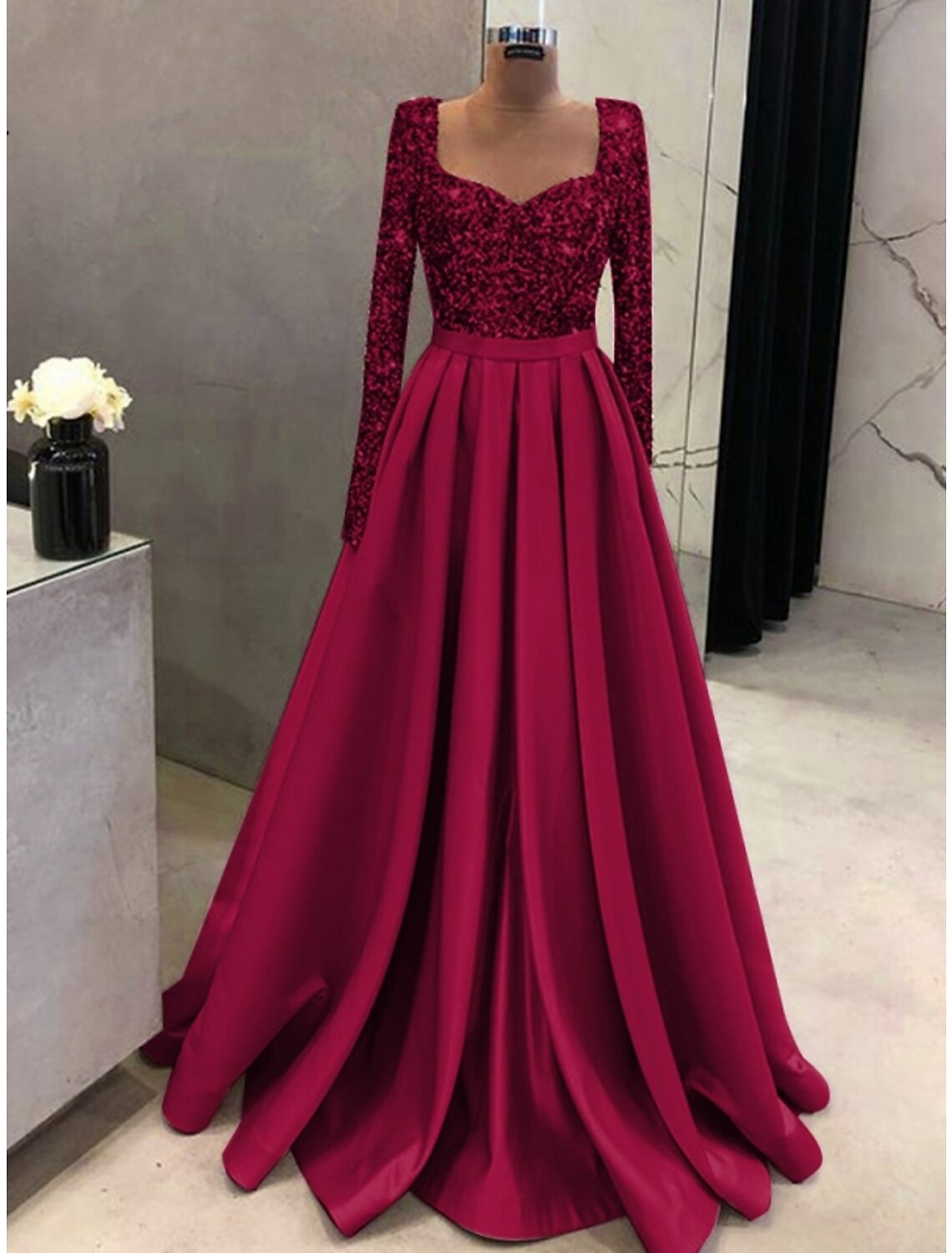 A-Line Evening Gown Sparkle & Shine Dress Formal Fall Sweep / Brush Train Long Sleeve Square Neck Satin with Glitter Pleats by YiHuiw
