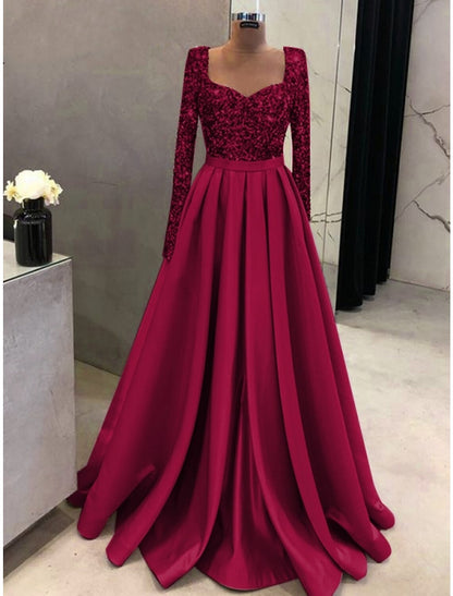 A-Line Evening Gown Sparkle & Shine Dress Formal Fall Sweep / Brush Train Long Sleeve Square Neck Satin with Glitter Pleats by YiHuiw