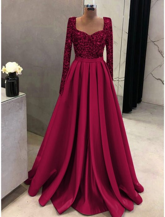 A-Line Evening Gown Sparkle & Shine Dress Formal Fall Sweep / Brush Train Long Sleeve Square Neck Satin with Glitter Pleats by YiHuiw