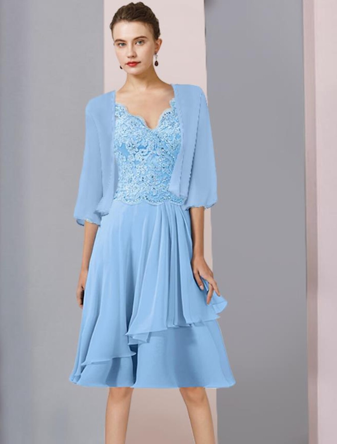 Two Piece A-Line Mother of the Bride Dress Formal Wedding Guest Elegant V Neck Knee Length Chiffon Lace 3/4 Length Sleeve Wrap Included with Beading Sequin Appliques by YiHuiw