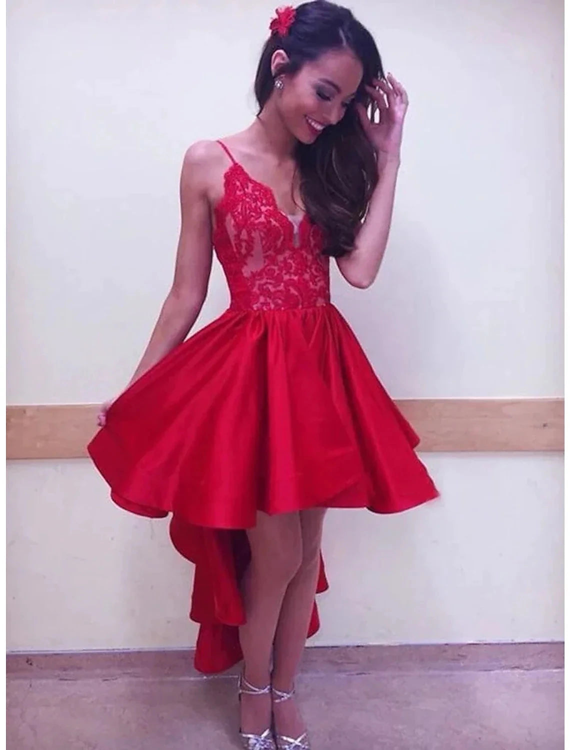 A-Line Prom Dresses Party Dress Homecoming Asymmetrical Sleeveless V Neck Satin with Pleats by YiHuiw