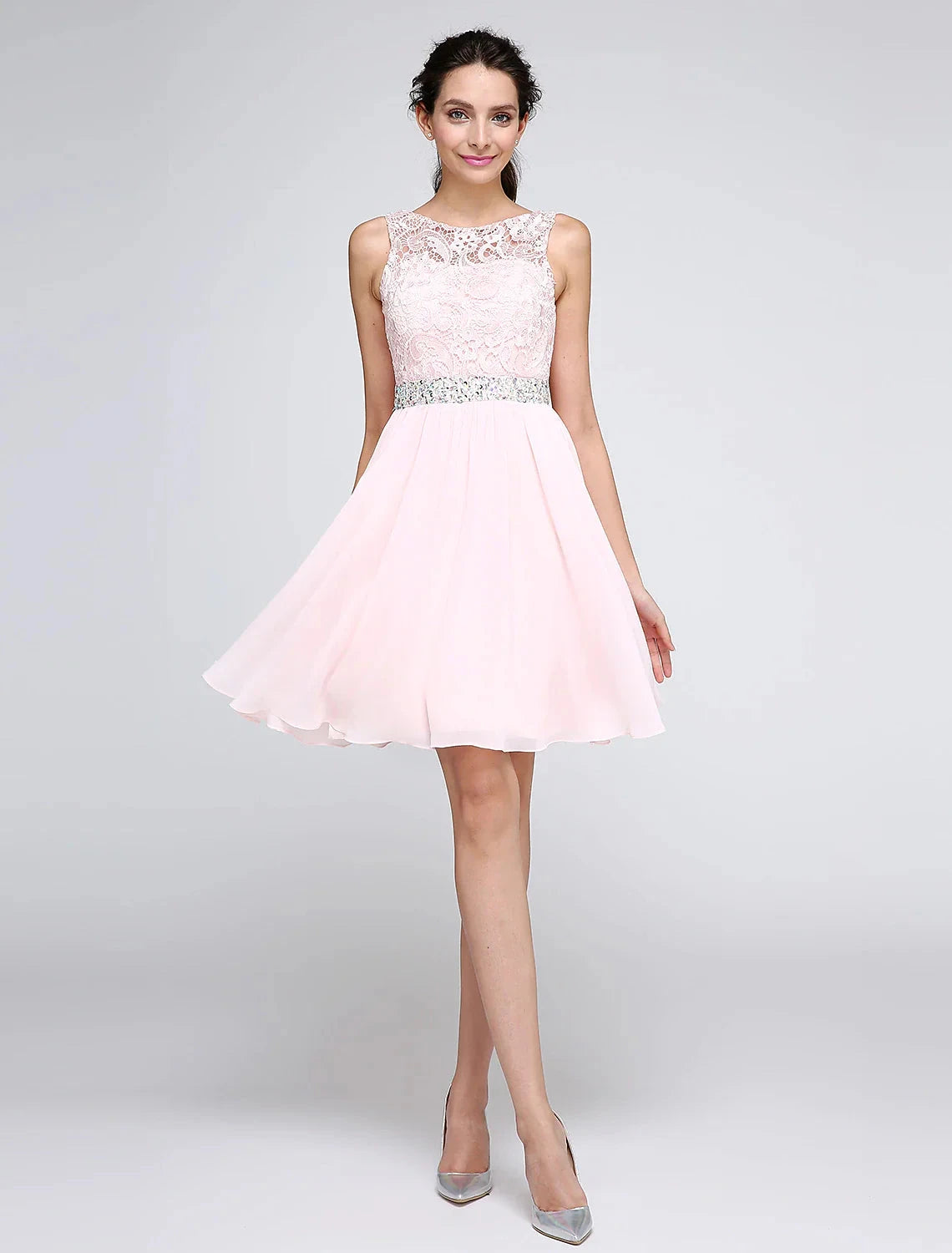 A-Line Special Occasion Dresses Party Dress Homecoming Graduation Short / Mini Sleeveless Illusion Neck Pink Dress Chiffon V Back Low Back with Crystals by YiHuiw