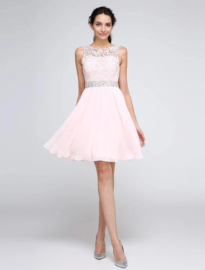 A-Line Special Occasion Dresses Party Dress Homecoming Graduation Short / Mini Sleeveless Illusion Neck Pink Dress Chiffon V Back Low Back with Crystals by YiHuiw