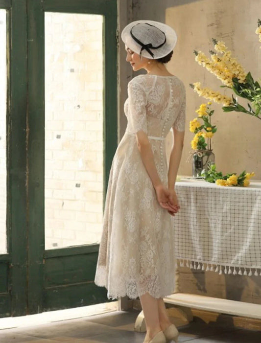Reception Fall Wedding Dresses Little White Dresses in Color A-Line Illusion Neck Half Sleeve Tea Length Lace Bridal Gowns With Sash / Ribbon Appliques Summer Party Women's Clothing by YiHuiw