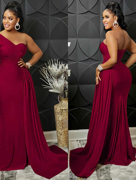 Women‘s Formal Party Dress Wedding Guest Dress Bodycon Long Dress Maxi Dress claret Black Blue Sleeveless Pure Color Patchwork Winter Fall Autumn One Shoulder Evening Party Slim by YiHuiw