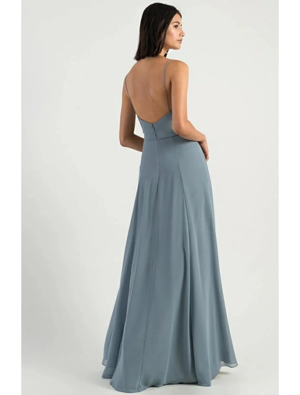 A-Line Bridesmaid Dress Spaghetti Strap Sleeveless Open Back Floor Length Chiffon with Split Front by YiHuiw