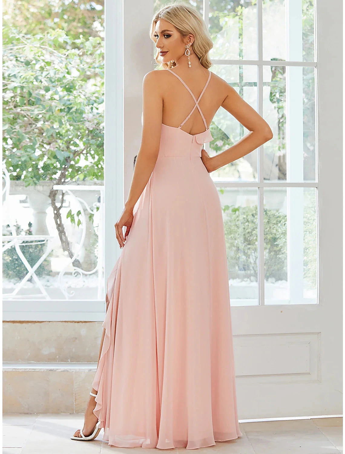 A-Line Wedding Guest Dresses Casual Dress Party Wear Floor Length Sleeveless Spaghetti Strap Chiffon with Ruffles Slit by YiHuiw