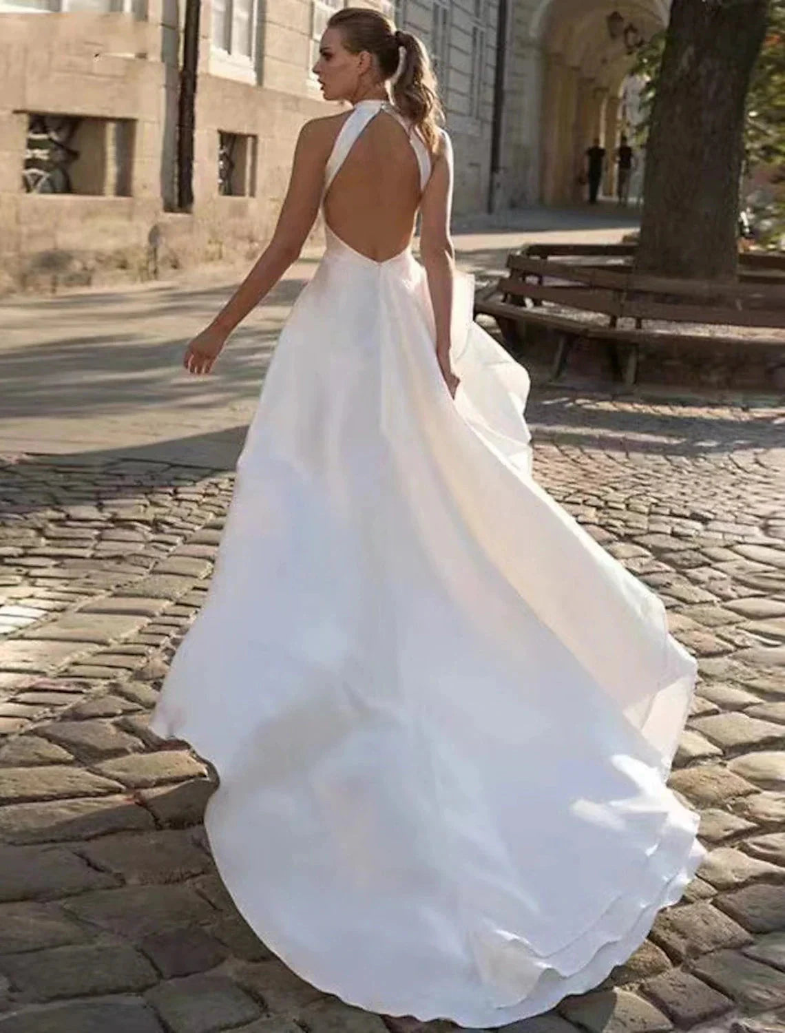 Reception Open Back Casual Wedding Dresses A-Line Halter Sleeveless Court Train Satin Bridal Gowns With Solid Color Summer Fall Wedding Party Women's Clothing by YiHuiw