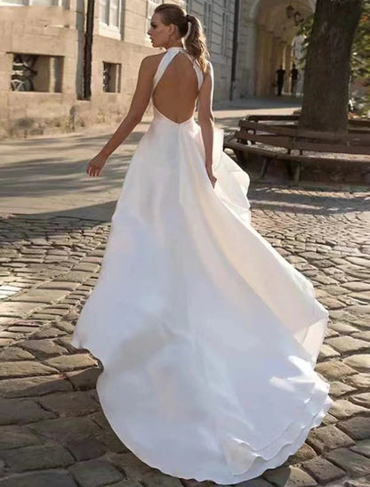 Reception Open Back Casual Wedding Dresses A-Line Halter Sleeveless Court Train Satin Bridal Gowns With Solid Color Summer Fall Wedding Party Women's Clothing by YiHuiw