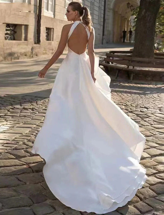 Reception Open Back Casual Wedding Dresses A-Line Halter Sleeveless Court Train Satin Bridal Gowns With Solid Color Summer Fall Wedding Party Women's Clothing by YiHuiw
