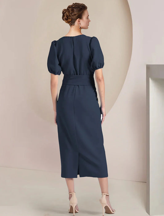 Sheath / Column Mother of the Bride Dress Formal Wedding Guest Elegant Scoop Neck Tea Length  Chiffon Short Sleeve with Sash / Ribbon