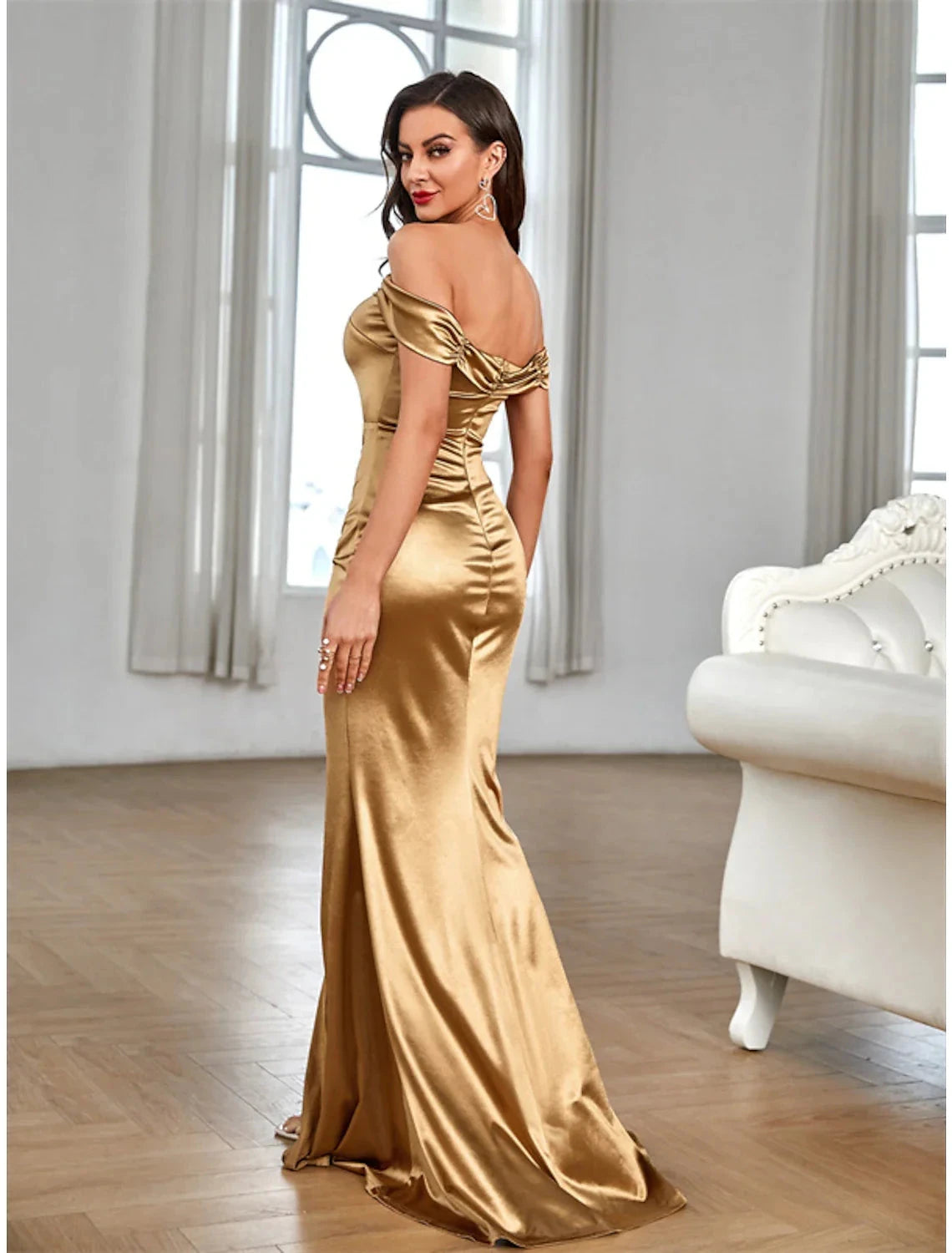 Mermaid / Trumpet Party Dresses Vintage Dress Wedding Party Summer Sweep / Brush Train Sleeveless Off Shoulder Satin with Ruched Slit by YiHuiw