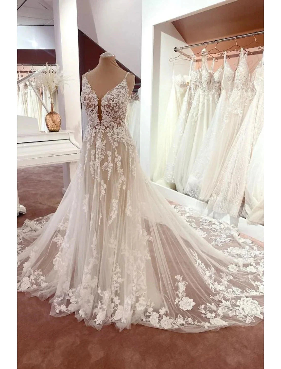 Engagement Open Back Formal Wedding Dresses A-Line Camisole V Neck Spaghetti Strap Chapel Train Lace Bridal Gowns With Appliques Summer Wedding Party Women's Clothing by YiHuiw