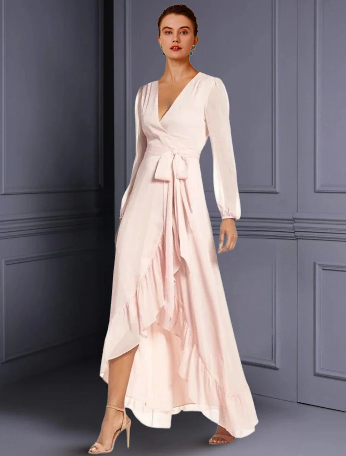 A-Line Mother of the Bride Dress Wedding Guest Elegant High Low V Neck Asymmetrical Tea Length Chiffon Long Sleeve with Ruched Split Front by YiHuiw
