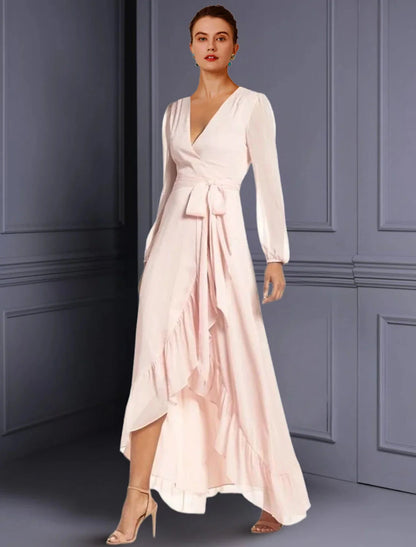 A-Line Mother of the Bride Dress Wedding Guest Elegant High Low V Neck Asymmetrical Tea Length Chiffon Long Sleeve with Ruched Split Front by YiHuiw