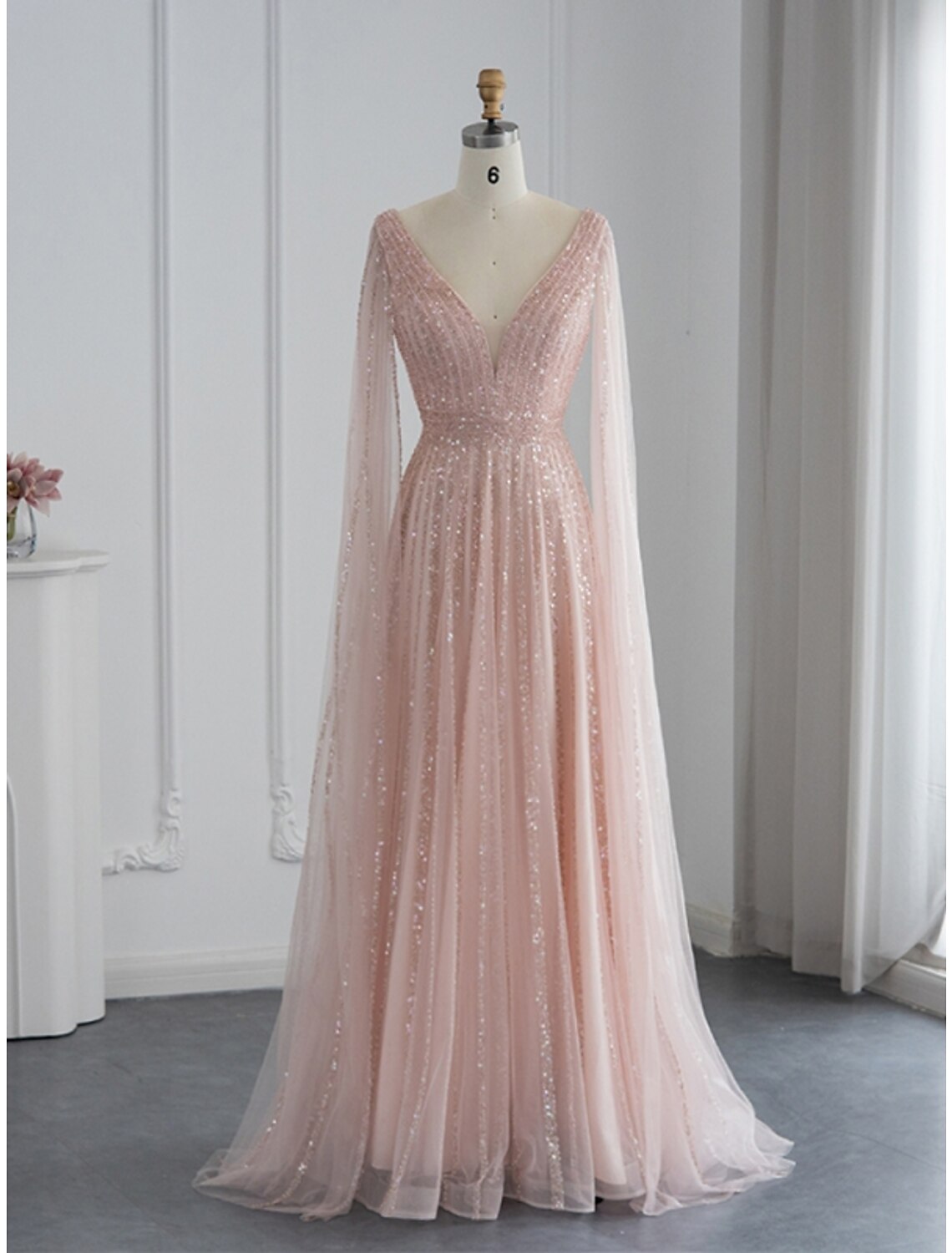 A-Line Evening Gown Sparkle & Shine Dress Formal Fall Sweep / Brush Train Long Sleeve V Neck Sequined with Glitter Pleats by YiHuiw