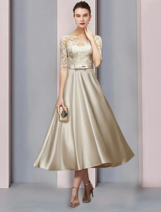 Sheath / Column Mother of the Bride Dress Wedding Guest Party Elegant Scoop Neck Tea Length Satin Lace Half Sleeve with Bow(s) Pleats by YiHuiw