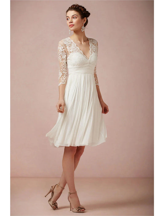 Reception Fall Wedding Dresses Open Back Little White Dresses A-Line V Neck 3/4 Length Sleeve Knee Length Chiffon Bridal Gowns With Ruched Summer Wedding Party Women‘s Clothing by YiHuiw