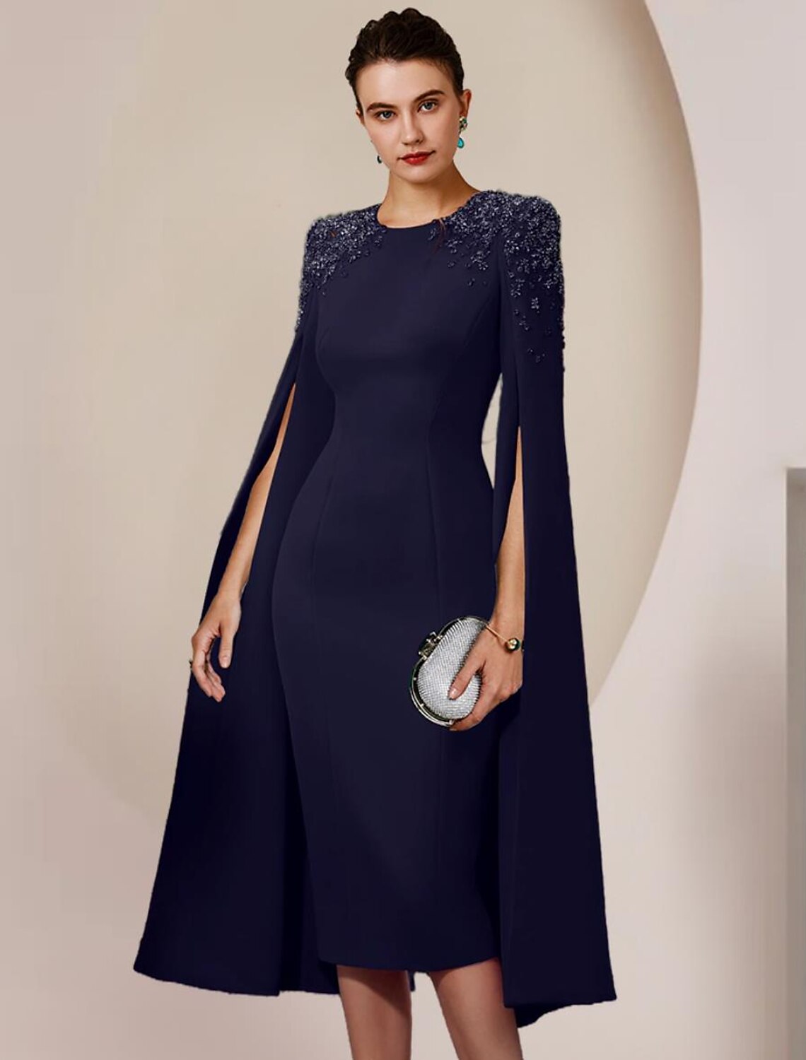 Sheath / Column Mother of the Bride Dress Formal Wedding Guest Elegant Scoop Neck Knee Length Chiffon Long Sleeve with Beading by YiHuiw