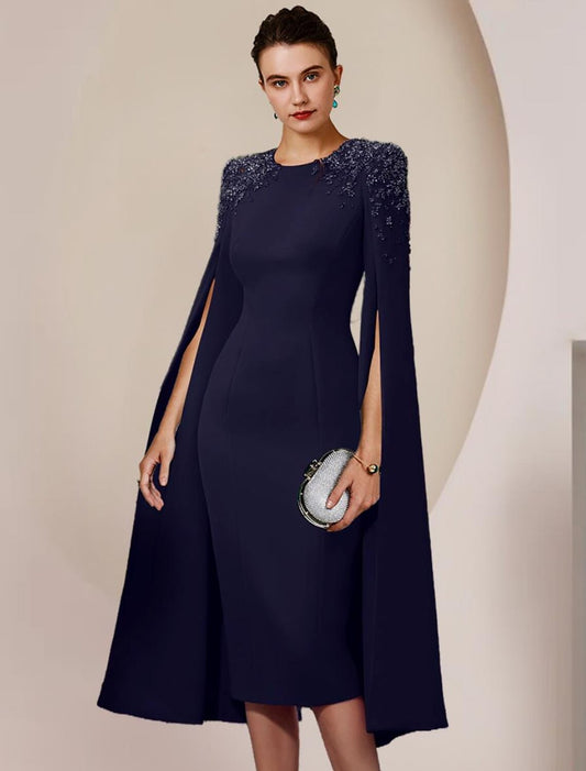 Sheath / Column Mother of the Bride Dress Formal Wedding Guest Elegant Scoop Neck Knee Length Chiffon Long Sleeve with Beading by YiHuiw