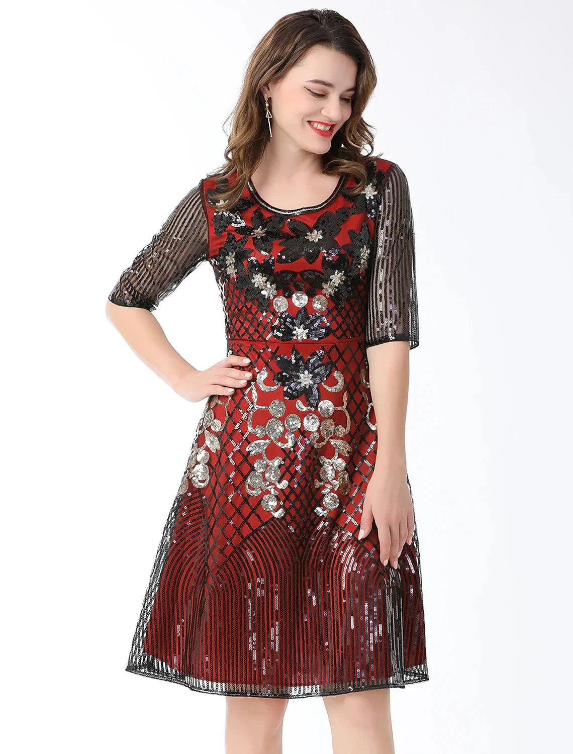 A-Line Cocktail Dresses Vintage Dress Holiday Party Wear Knee Length Half Sleeve Jewel Neck Cotton Blend with Sequin Splicing by YiHuiw