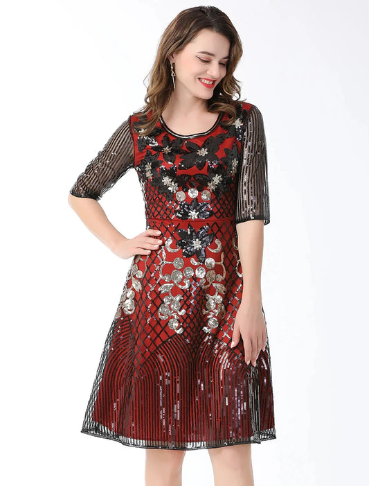 A-Line Cocktail Dresses Vintage Dress Holiday Party Wear Knee Length Half Sleeve Jewel Neck Cotton Blend with Sequin Splicing by YiHuiw