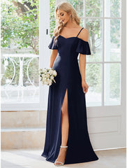 A-Line Wedding Guest Dresses Elegant Dress Formal Floor Length Short Sleeve Off Shoulder  Fabric with Slit Pure Color